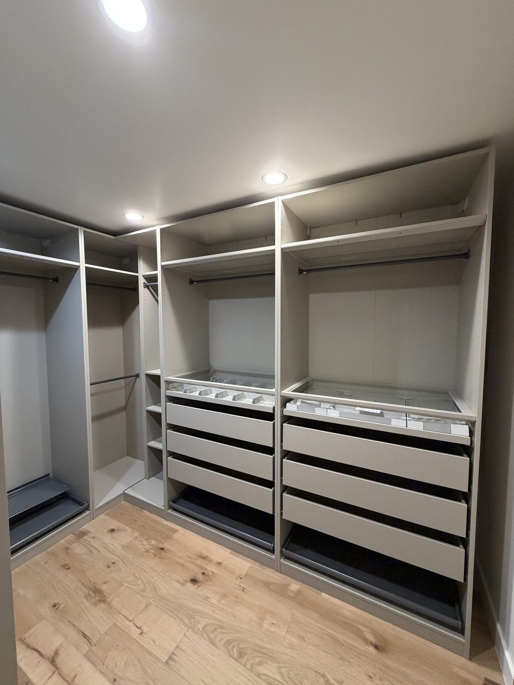 Walk-in closet system — assembled and leveled